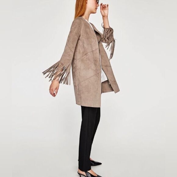 Zara suede like longline jacket with fringe Sz XS - Picture 1 of 8